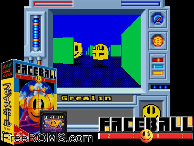Faceball 2000 Game Gear game showing 3D box cover and gameplay screenshot